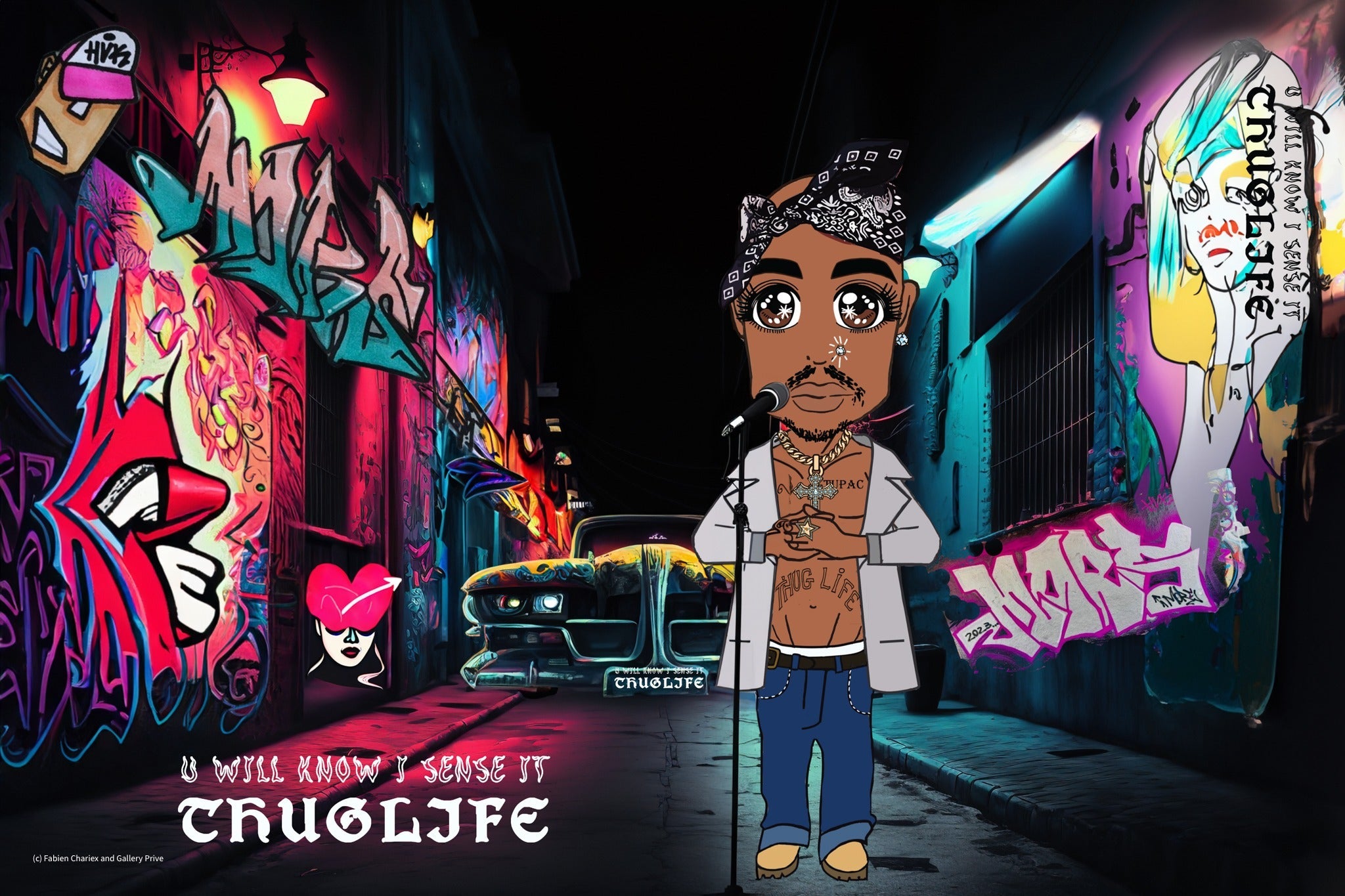 Streetlight Poet, Tupac manga-inspired performance artwork in a neon graffiti alley