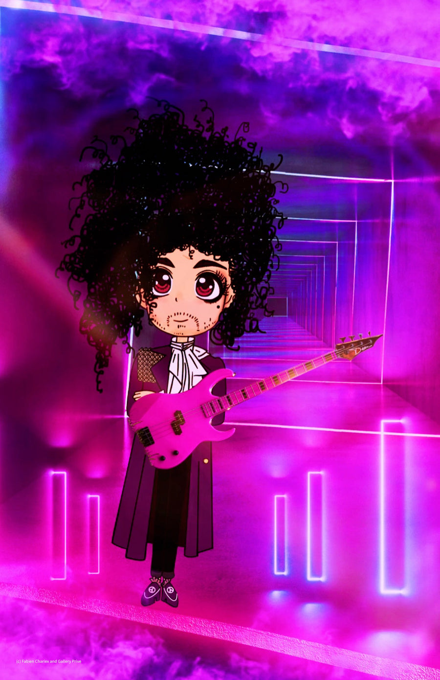 Electric Bass, Prince manga-inspired artwork in a purple neon corridor