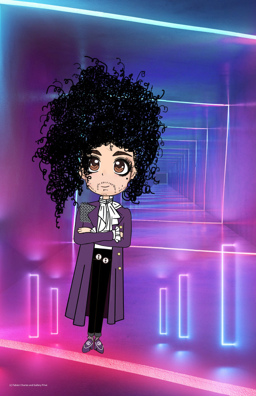 Neon Corridor, Prince manga-inspired portrait in luminous purple architecture
