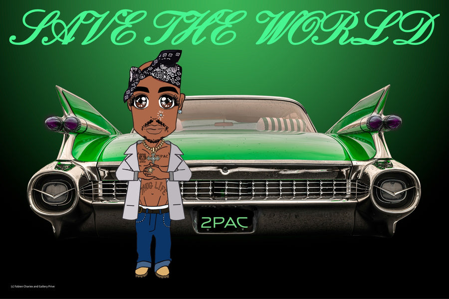 Above the World, Tupac manga-inspired artwork with a green classic car