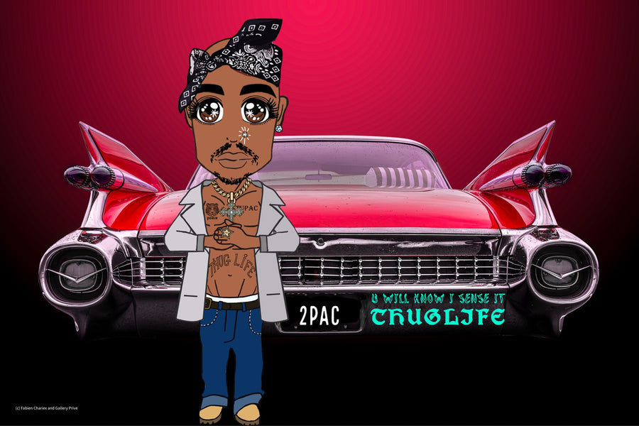 Chrome Legacy, horizontal Tupac manga-inspired artwork before a red and chrome Cadillac