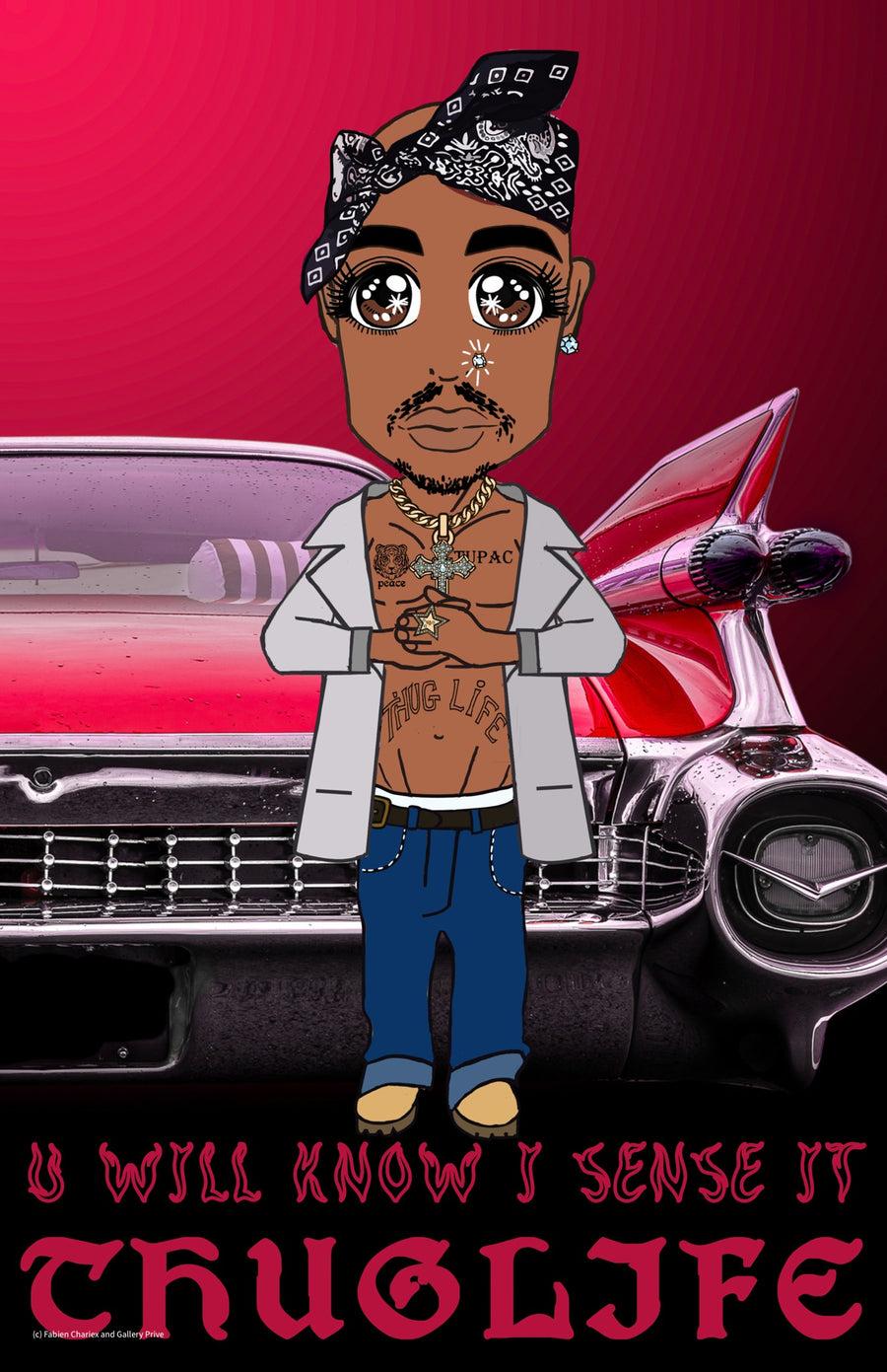 Crimson Cadillac, vertical Tupac manga-inspired portrait with a red classic car