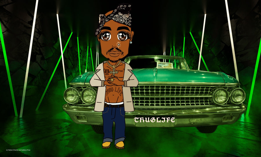 Emerald Legacy, Tupac manga-inspired artwork with a green lowrider by Hiren Kothari and Maria Sokolyanskaya