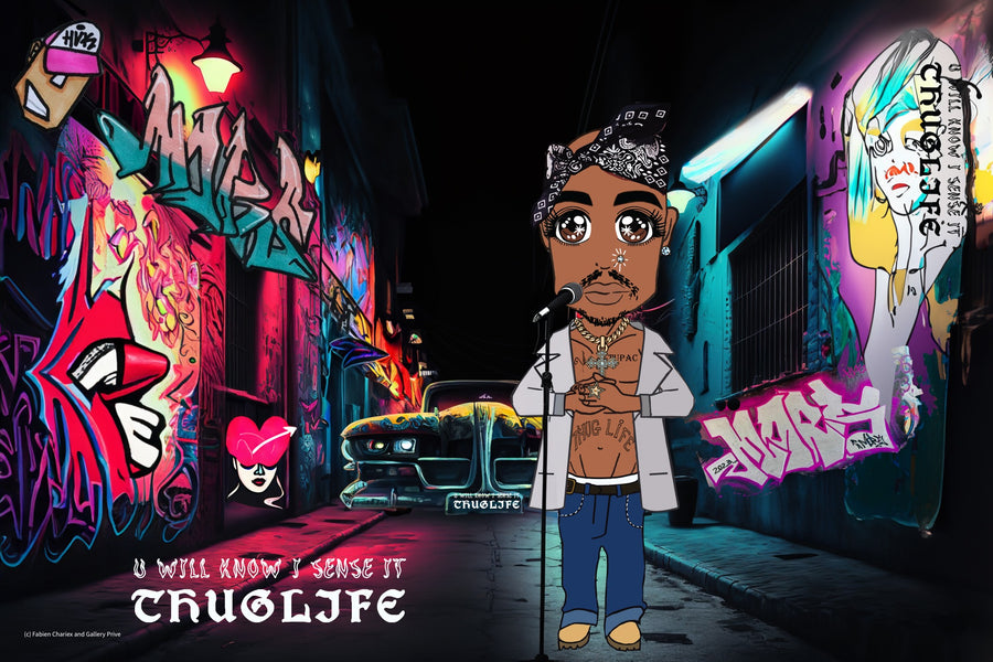 Streetlight Poet, Tupac manga-inspired performance artwork in a neon graffiti alley