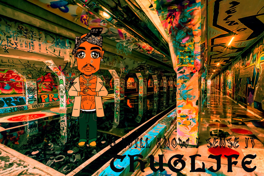 Underground Testament, Tupac manga-inspired artwork in a colourful graffiti underground